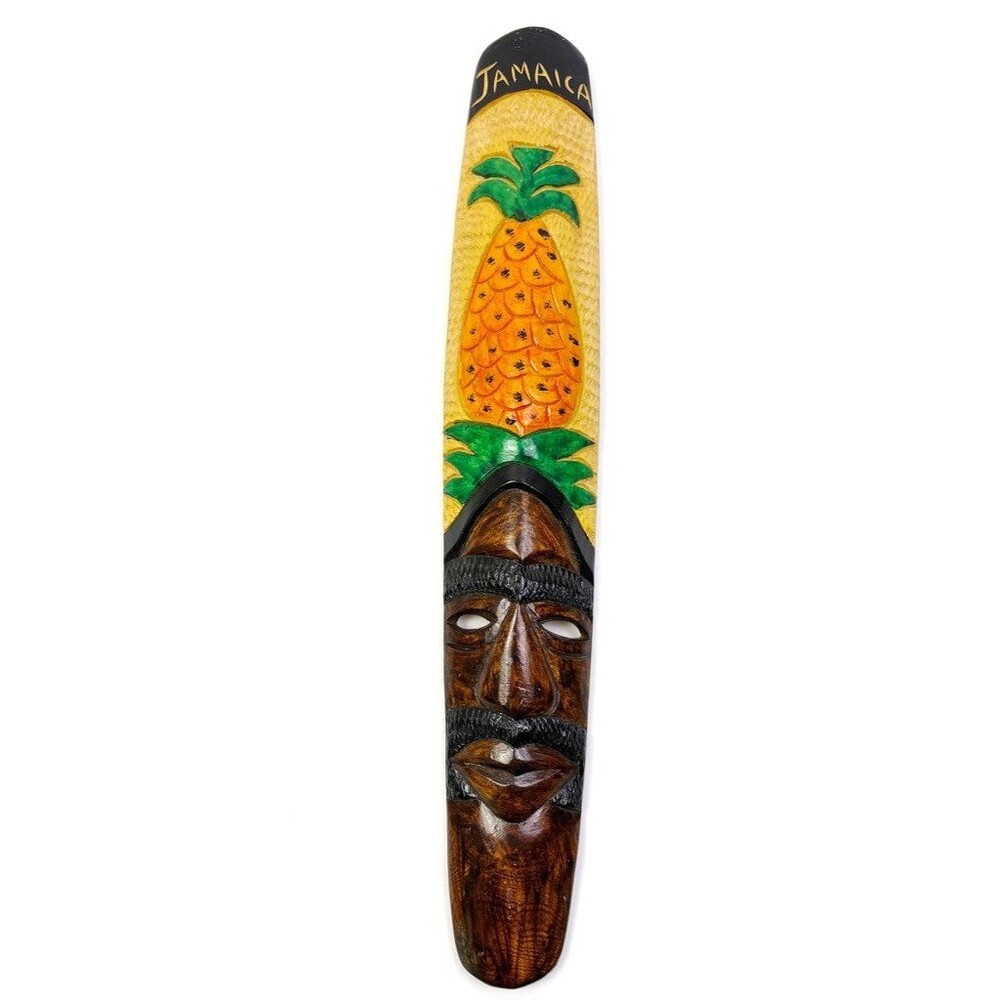 VTG Jamaica Hand Carved Wood Tiki Mask Pineapple Wall Decor Tropical 23"